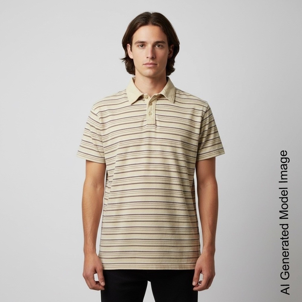 String Theory Mens Striped Polo Shirt Beige Brown Short Sleeve Cotton Size M
